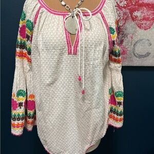 Anthropologie Ivy Jane Embroidered Boho Blouse - White and Pink M